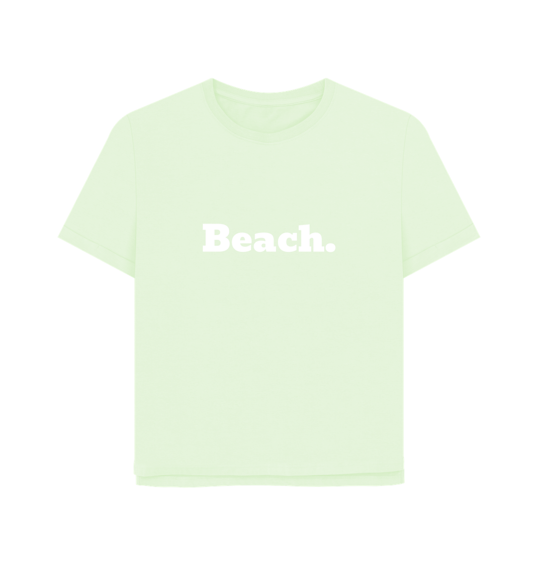 pastel green oversized women's beach t-shirt with relaxed fit and bold white "Beach." print for coastal casual style