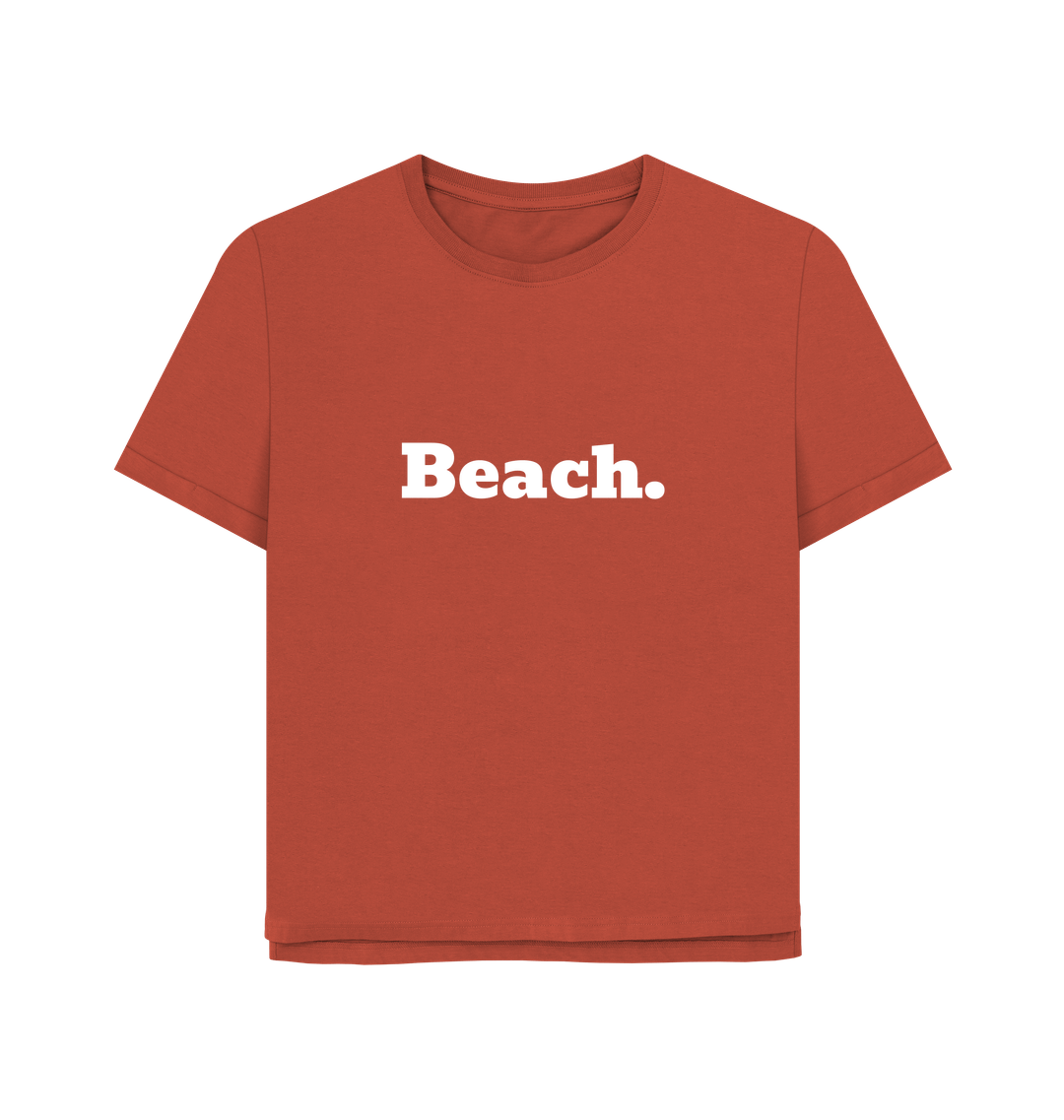 rust oversized women's beach t-shirt with relaxed fit and bold white "Beach." print for coastal casual style