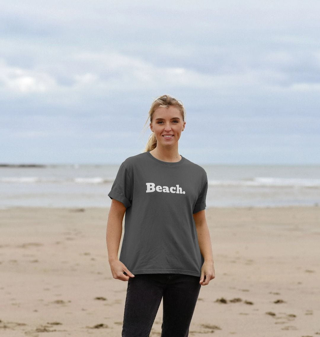 slate grey oversized women's beach t-shirt with relaxed fit and bold white "Beach" coastal print