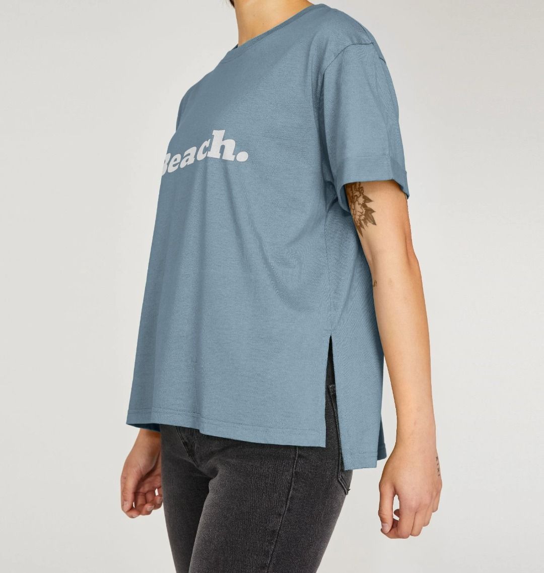 stone blue oversized women's beach t-shirt with relaxed fit and bold white "Beach" coastal print