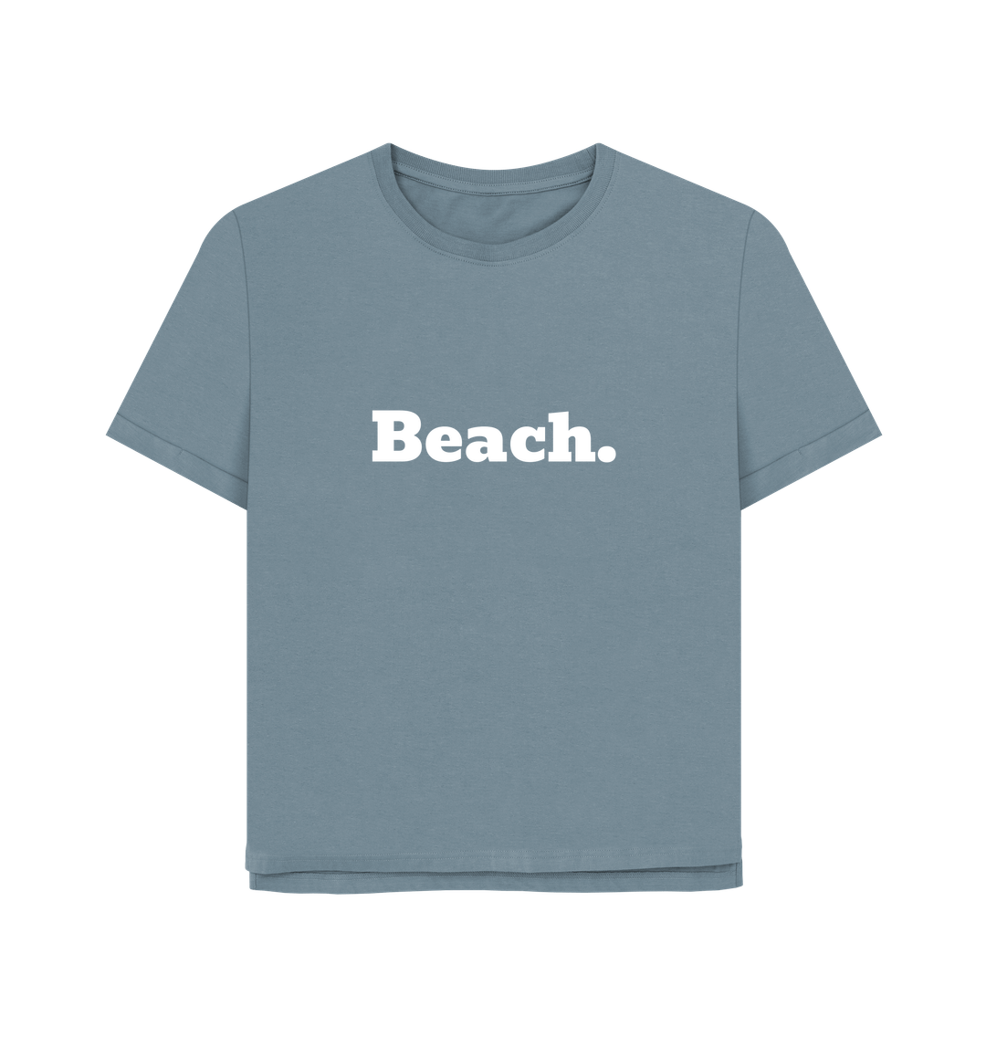 stone blue oversized women's beach t-shirt with relaxed fit and bold white "Beach." print for coastal style