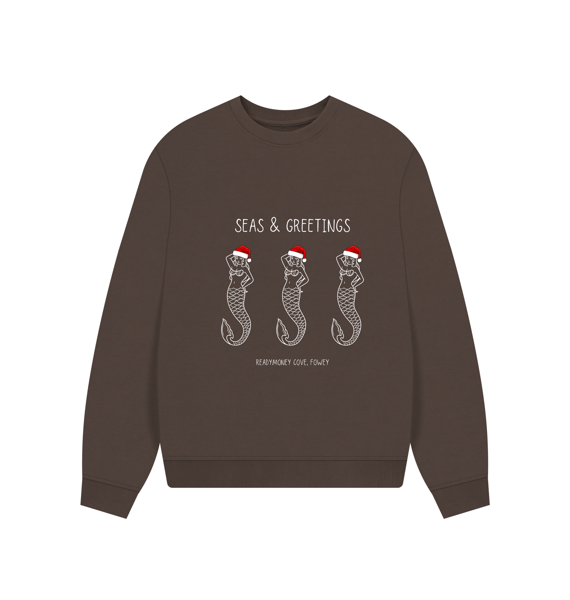 women's chocolate Christmas sweatshirt—three Santa-hat mermaids, “Seas & Greetings” coastal holiday print