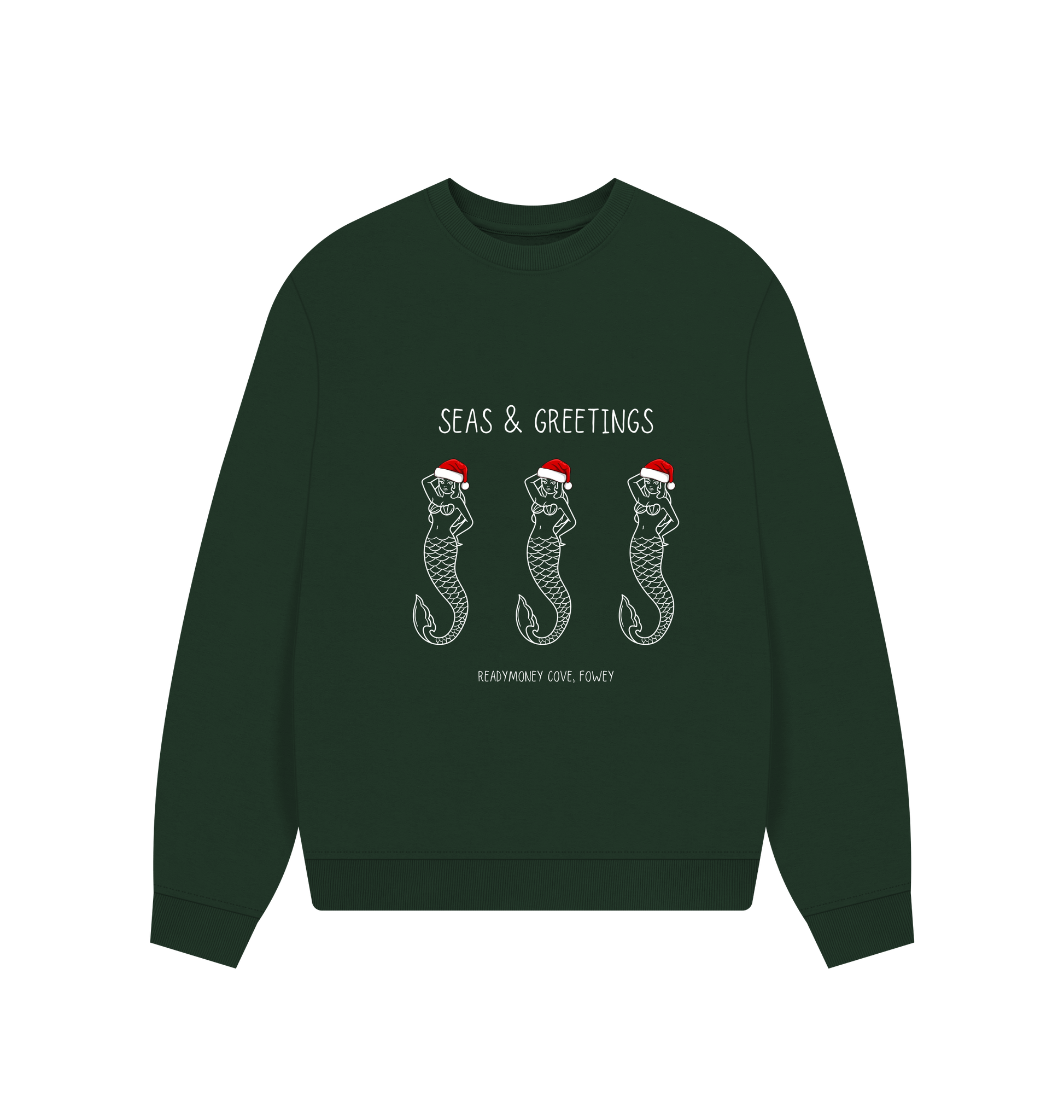 women's evergreen Christmas sweatshirt—three Santa-hat mermaids, “Seas & Greetings” coastal holiday graphic