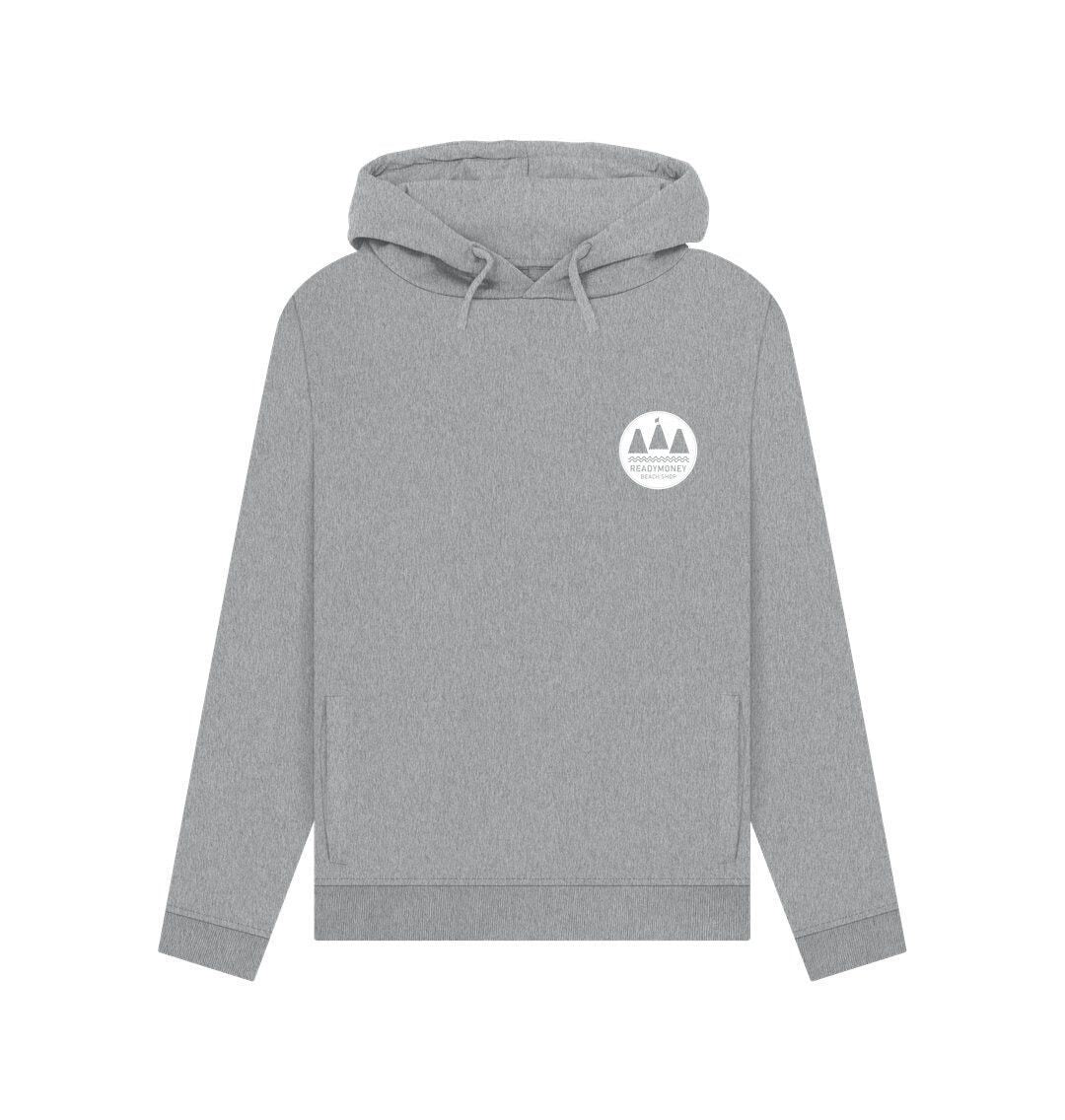women's grey pullover hoodie in organic cotton with chest mountain emblem—eco-friendly and outdoorsy everyday layer