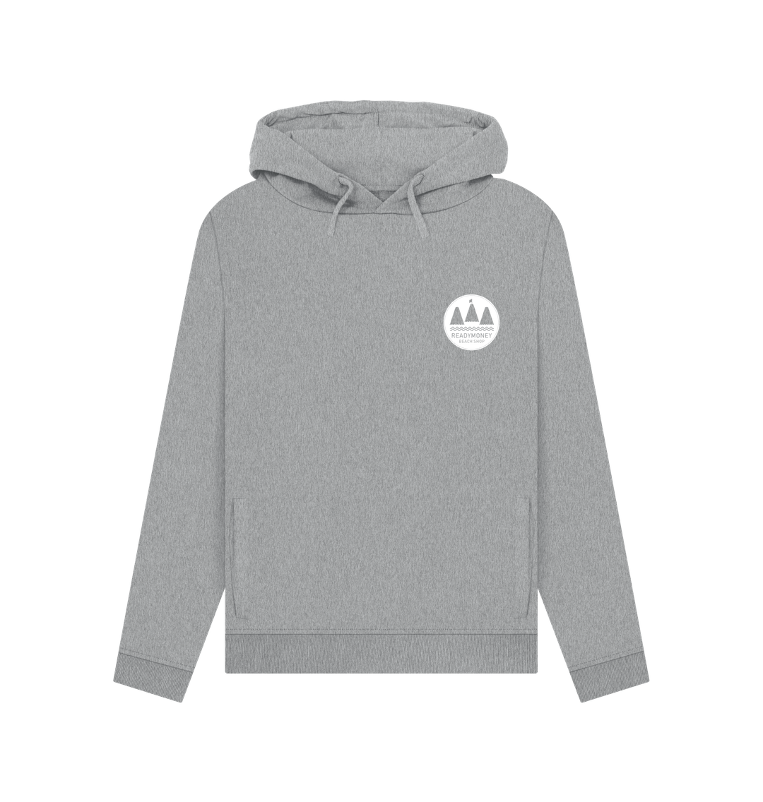 women's grey pullover hoodie in organic cotton with chest mountain emblem—eco-friendly and outdoorsy everyday layer