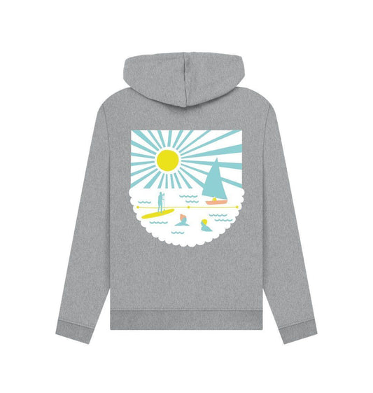 grey women's pullover hoodie in organic cotton with vibrant beach scene graphic—soft, sustainable, and coastal-inspired