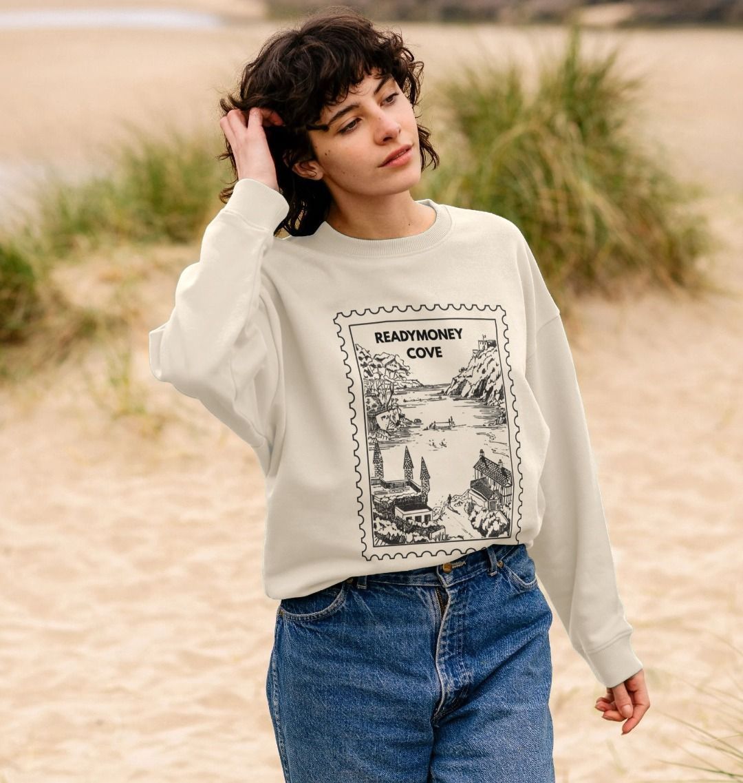 neutral-toned oversized sweatshirt with Readymoney Cove stamp—boxy fit, beachy vibe, and relaxed everyday style