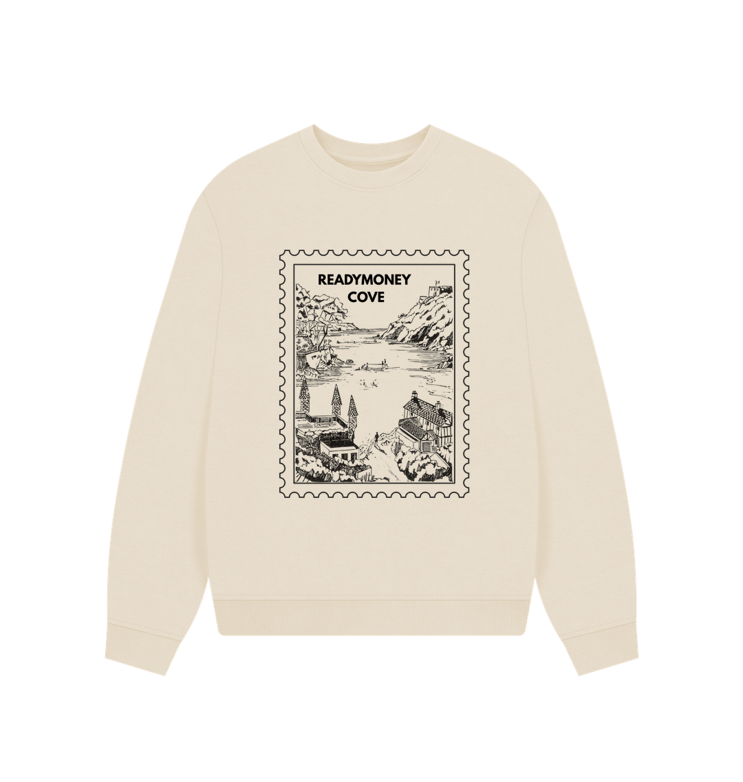 Oat oversized sweatshirt with vintage stamp print—coastal charm meets comfy, boxy-fit layering