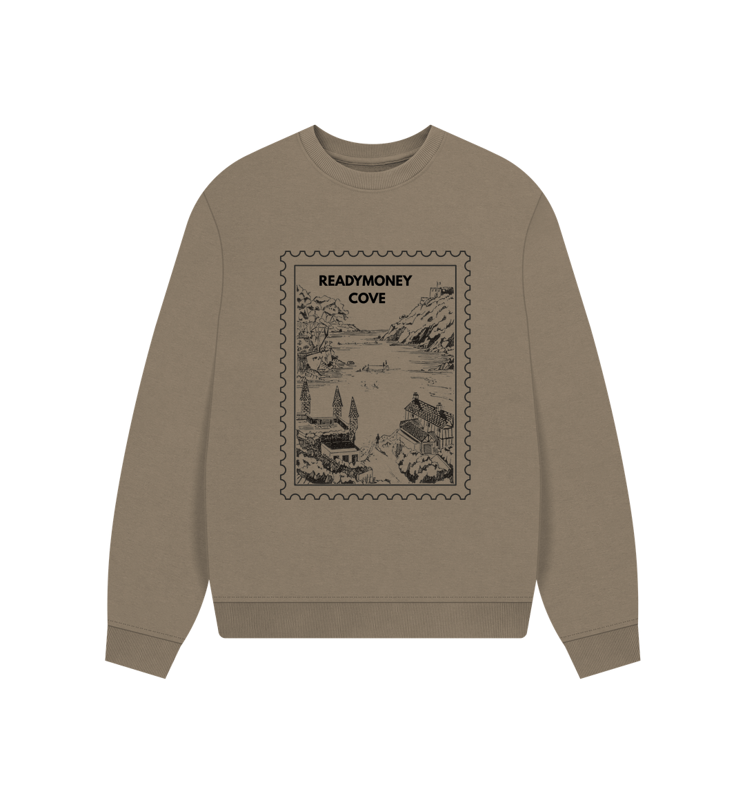 oversized willow sweatshirt with Readymoney Cove stamp—earthy tone, relaxed boxy fit, and coastal vintage vibes