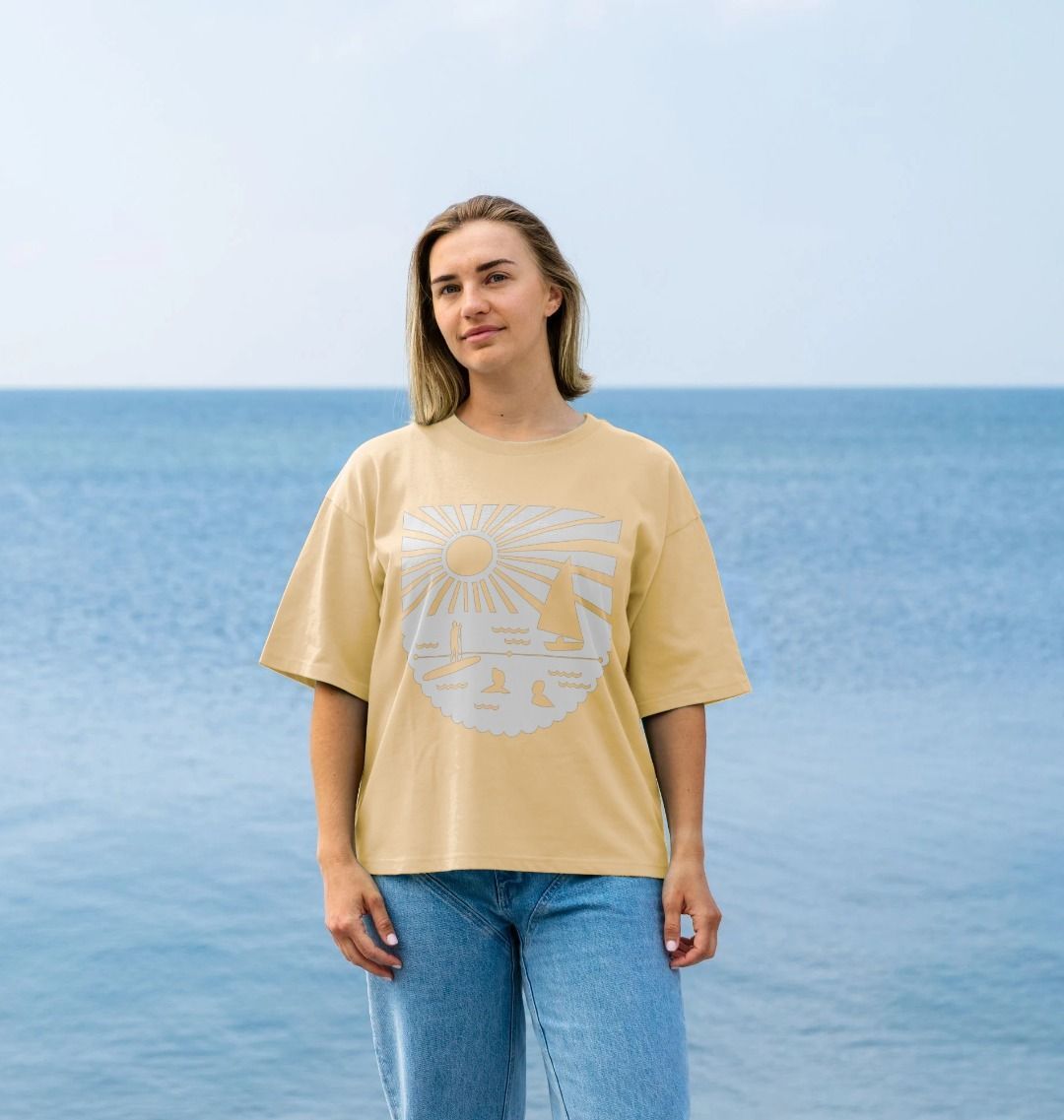 casual vanilla yellow t-shirt ocean background relaxed fit aesthetic tee for beachwear and holidays
