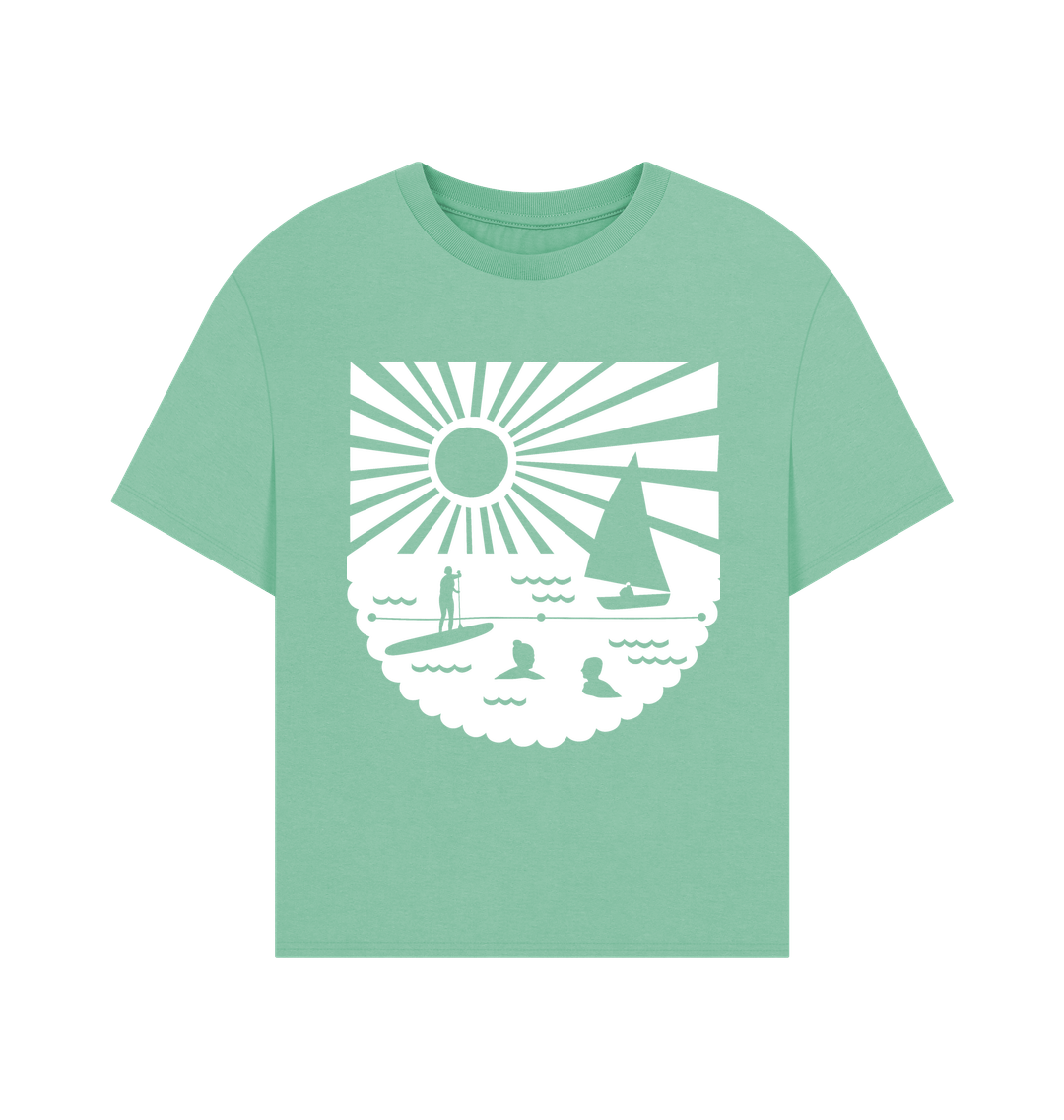 women's oversized pistachio green t-shirt paddle boarding & sailing graphic tee pastel summer beach aesthetic