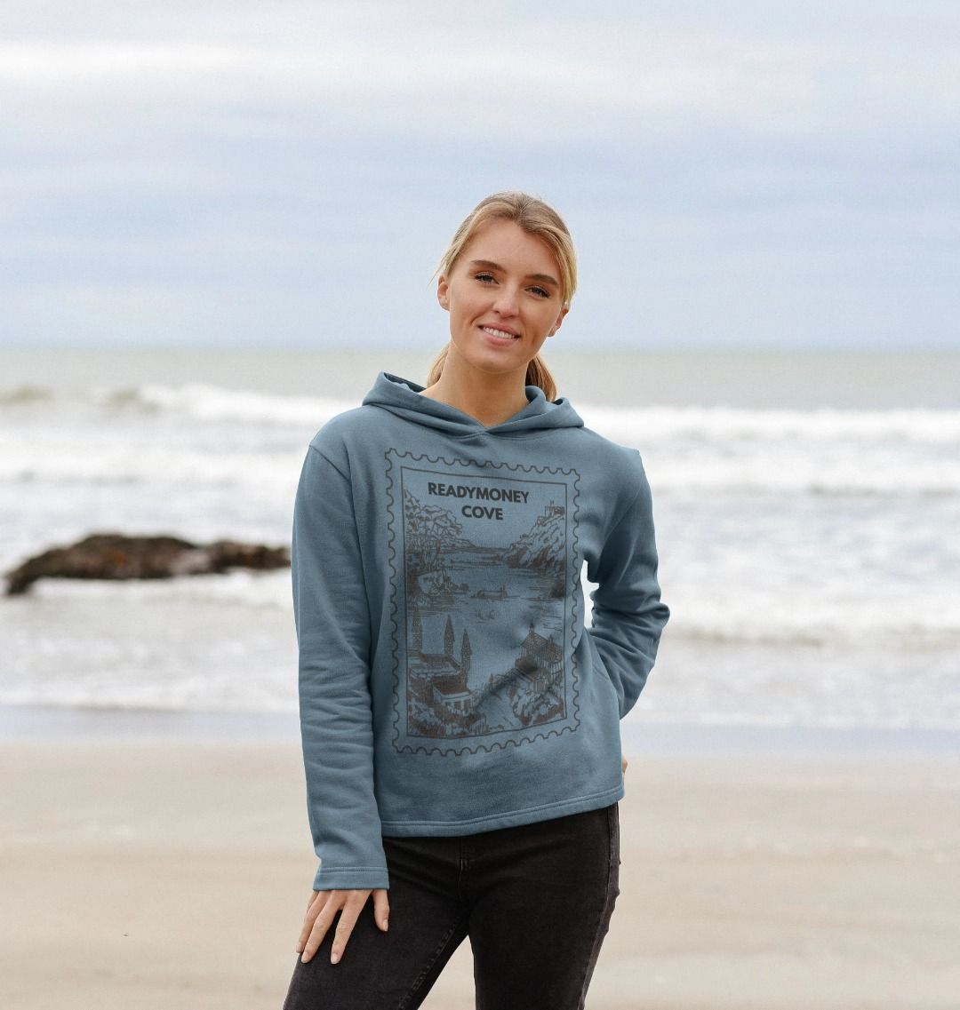 stone blue oversized hoodie – coastal pullover with Readymoney Cove stamp, soft sweatshirt for beach days and travel