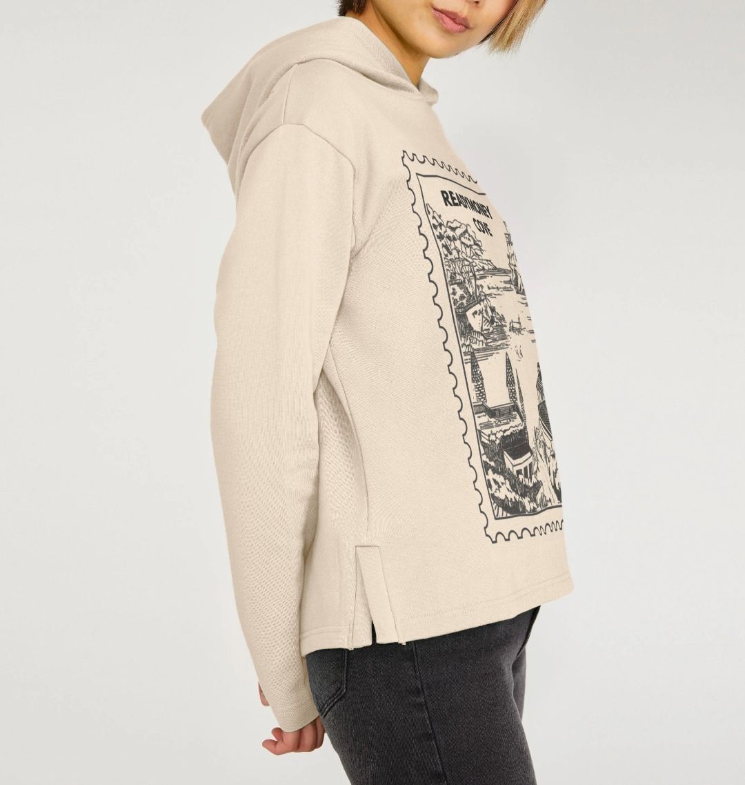 oat oversized hoodie – textured pullover with Redmoney Cove stamp graphic, soft city-inspired sweatshirt for daily wear