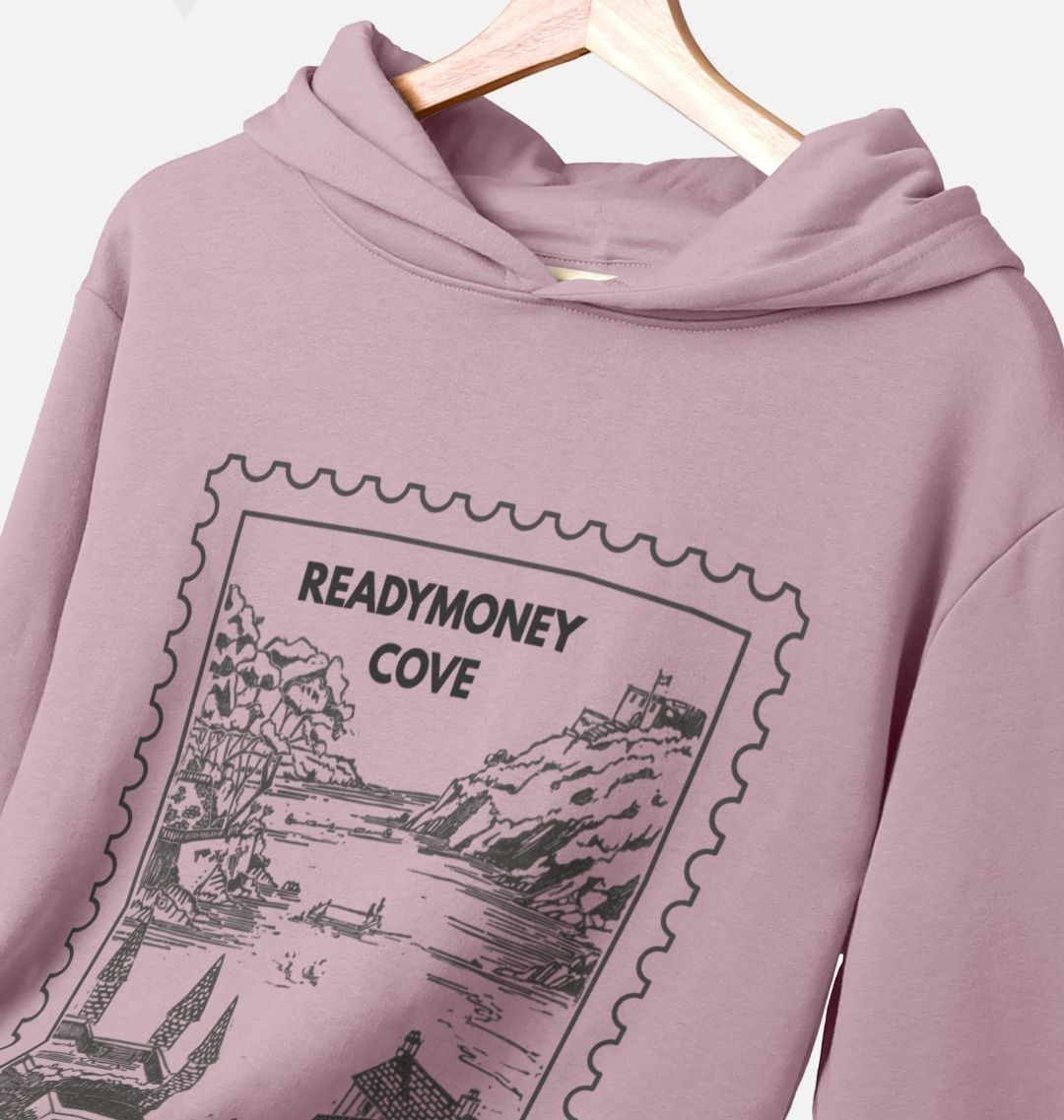 closeup shot of mauve oversized hoodie – coastal pullover with Readymoney Cove stamp detail, soft sweatshirt for travel and chill days