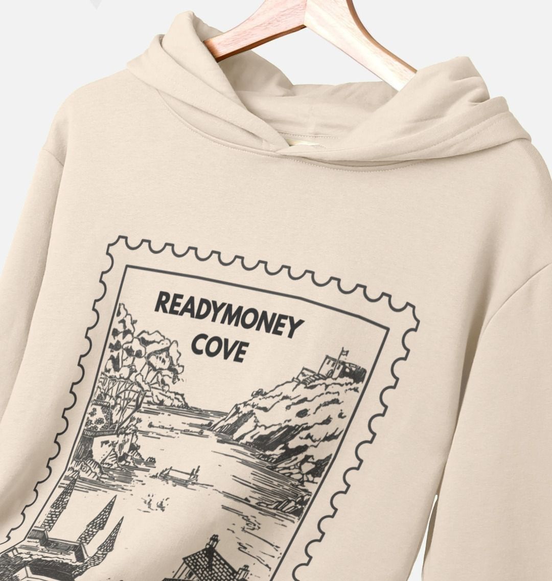 closeup shot of oat oversized hoodie pullover with Readymoney Cove stamp detail, soft coastal sweatshirt for everyday comfort