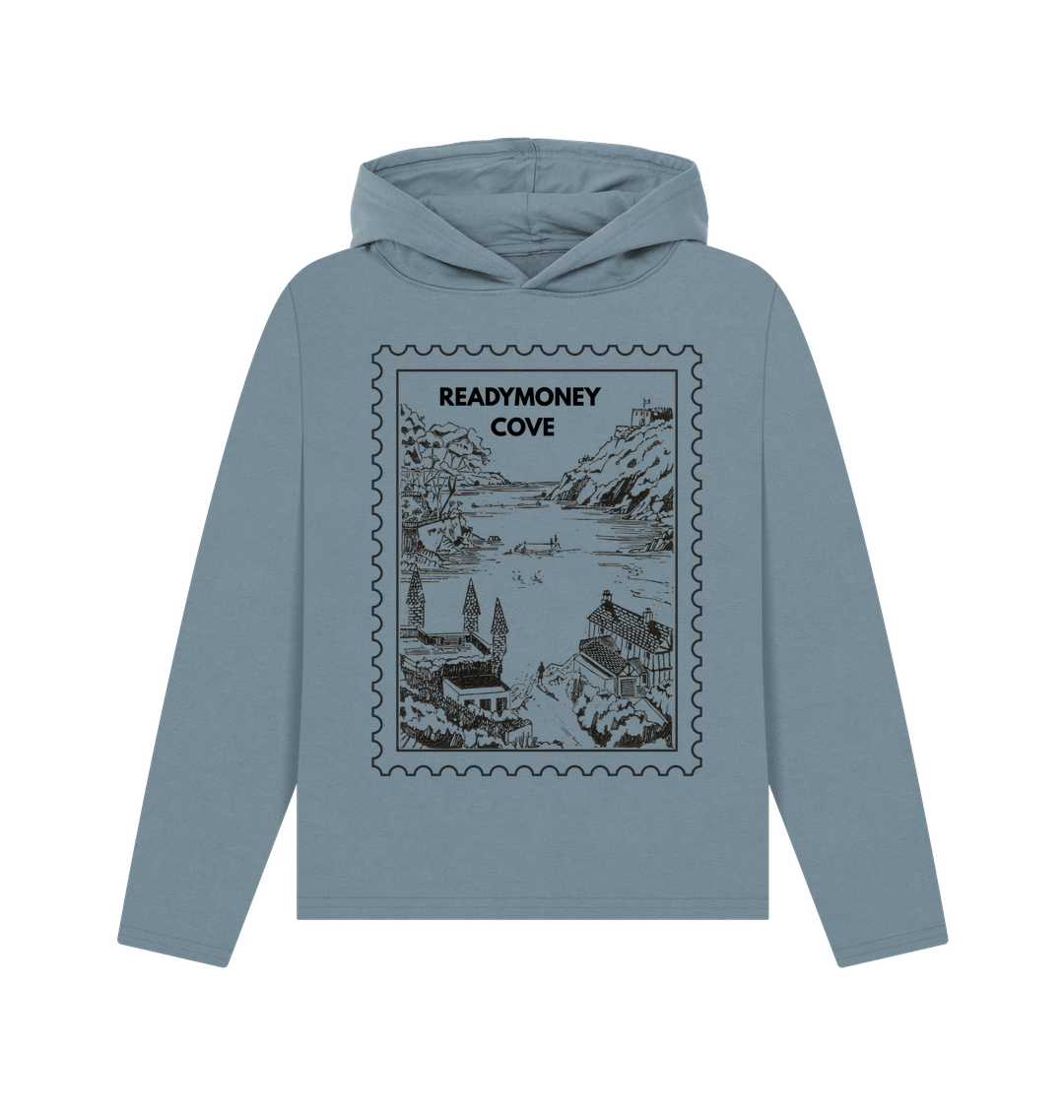 stone blue oversized hoodie – cozy pullover with Readymoney Cove stamp graphic, soft coastal sweatshirt for travel lovers