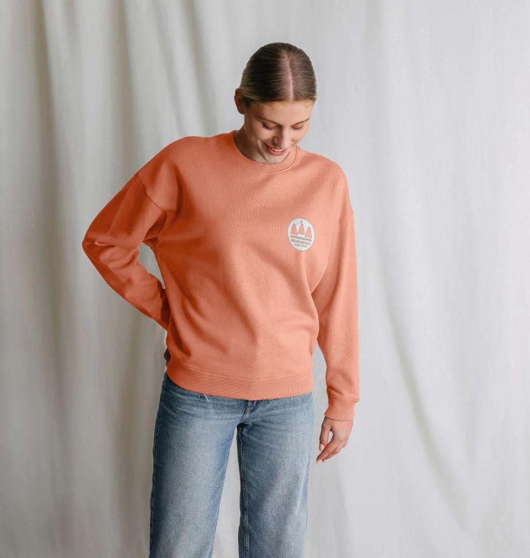 apricot oversized sweatshirt—mountain logo chest print, laid-back Readymoney Beach Club explorer style