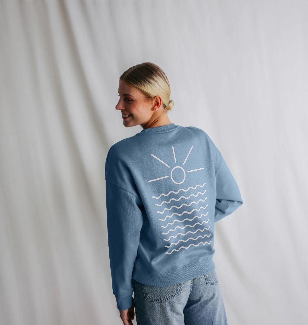 river oversized sweatshirt—sunrise and wave back graphic, serene Readymoney Cove riverwear style