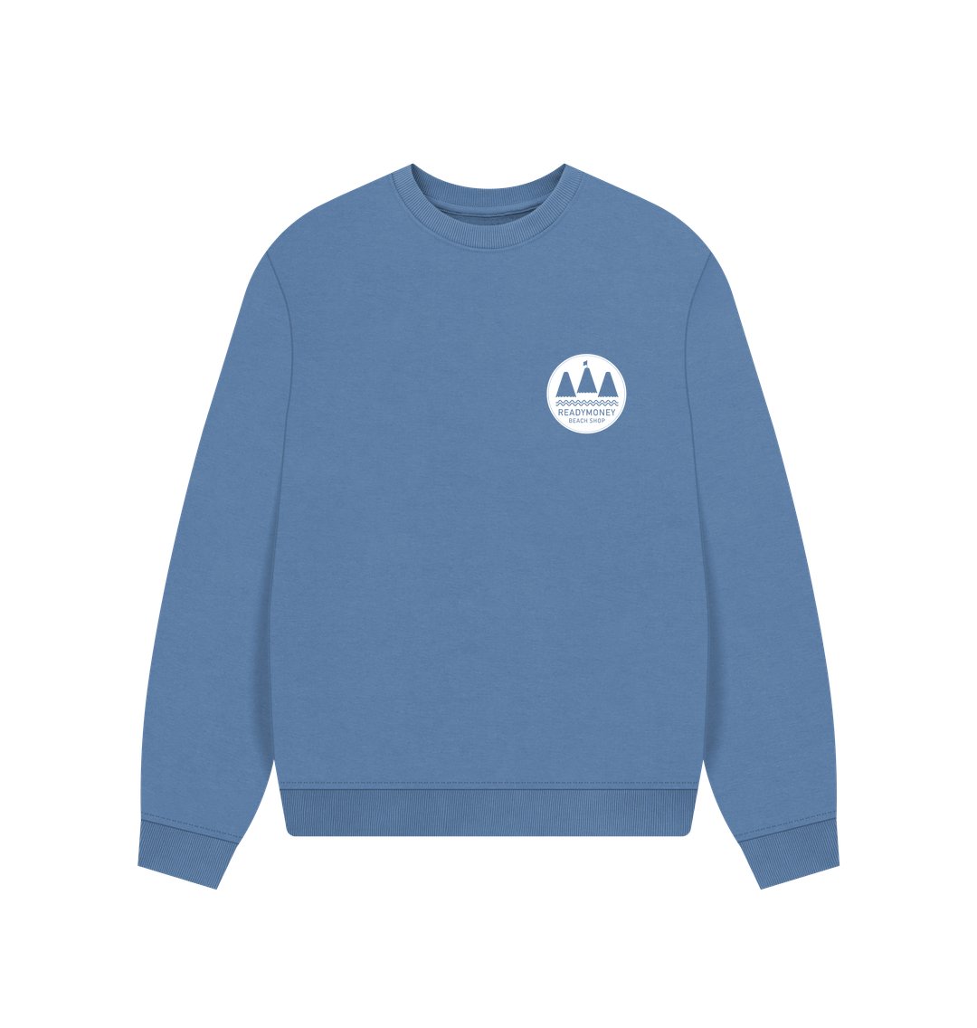 women's river oversized sweatshirt—Readymoney Beach House chest logo, relaxed river-inspired coastal style
