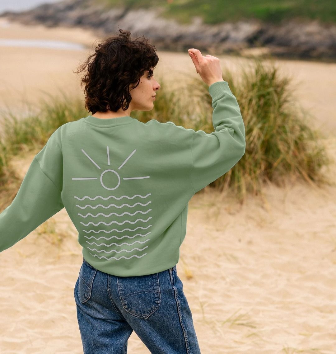 sage oversized sweatshirt—sunrise and wave back graphic, nature-inspired Readymoney Cove beachwear