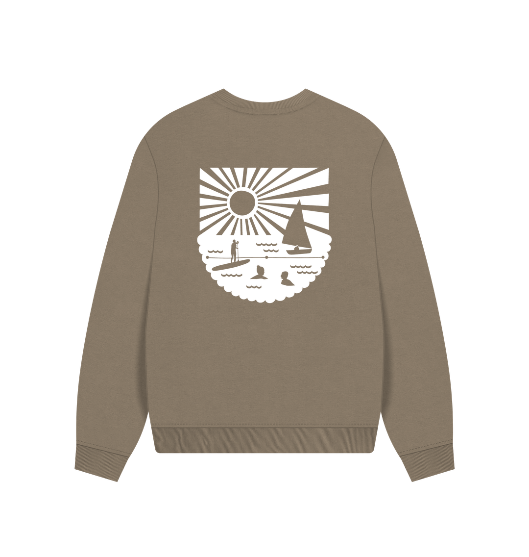 latte oversized women's sweatshirt with bold white coastal graphic—relaxed fit for beach-inspired layering