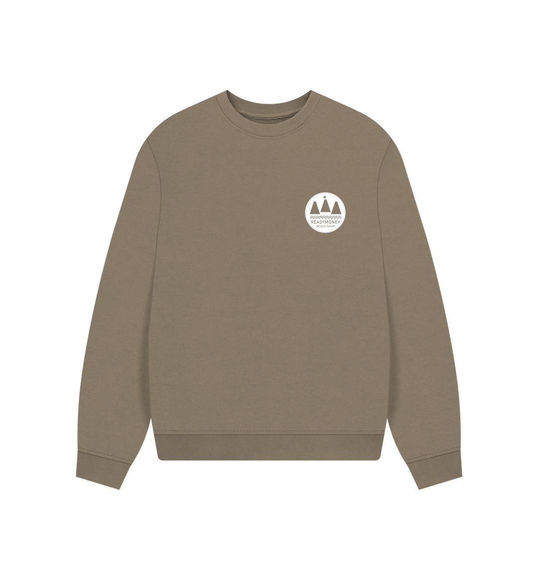 latte oversized women's sweatshirt with subtle chest logo—organic cotton comfort meets coastal-inspired simplicity