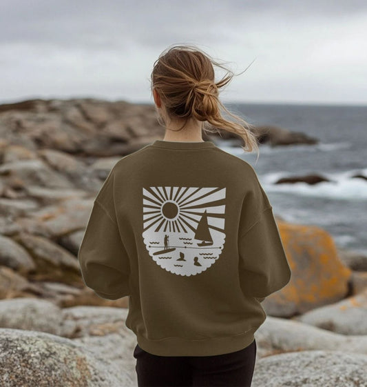 oversized sage green women's sweatshirt with bold white beach graphic—easygoing fit for coastal adventures