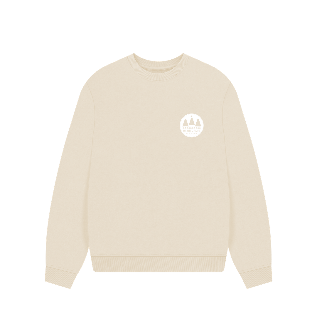 oat oversized women's sweatshirt with minimalist white chest logo—organic cotton, relaxed fit, nature-inspired style