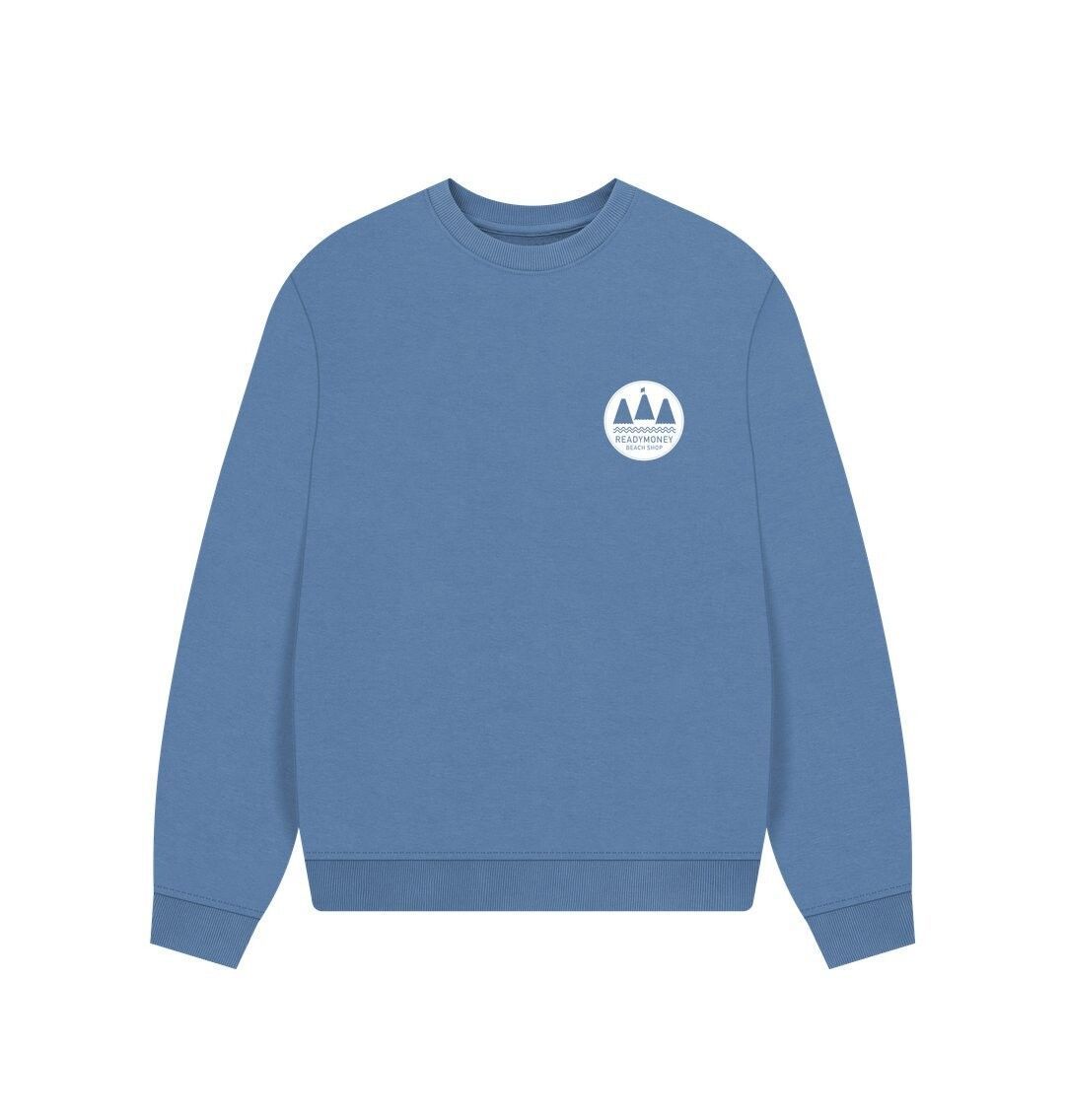 river blue oversized women's sweatshirt with bold white coastal graphic—relaxed fit for beach-inspired layering