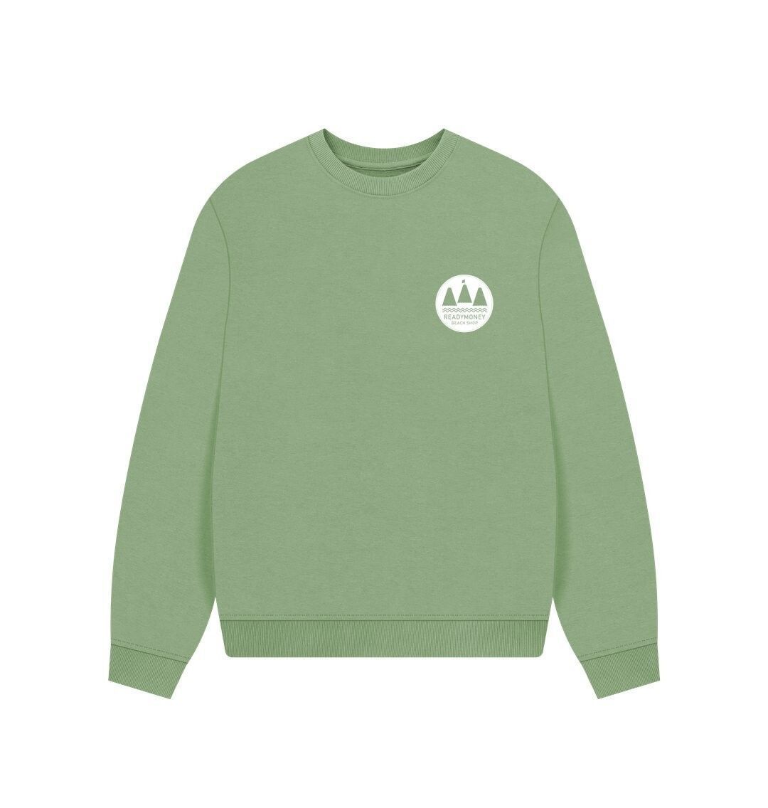 sage green oversized women's sweatshirt with minimalist white chest logo—organic cotton, relaxed coastal style