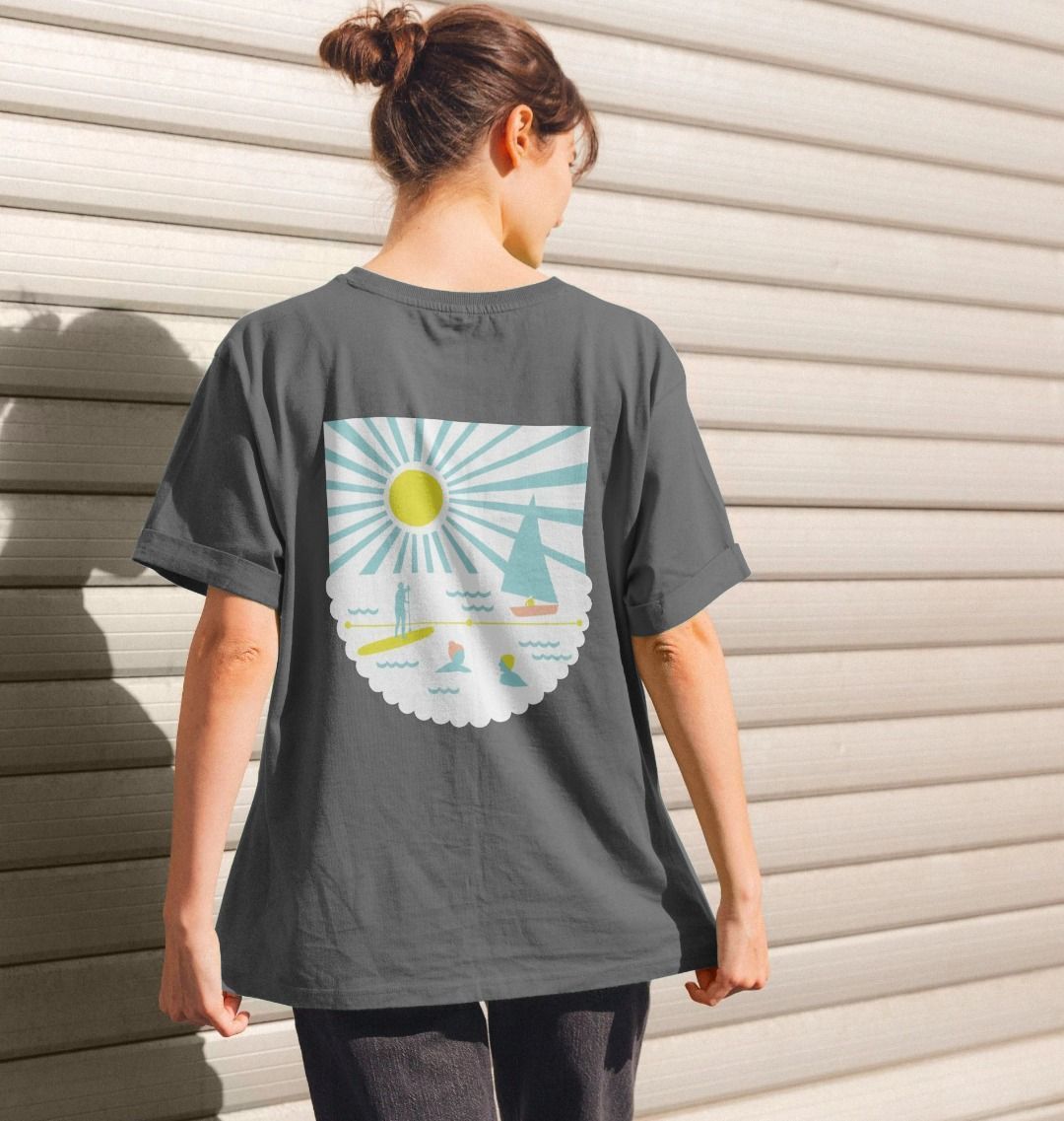 women's relaxed-fit slate gray tee—vibrant beach scene back print, paddleboarding and swim-ready coastal style