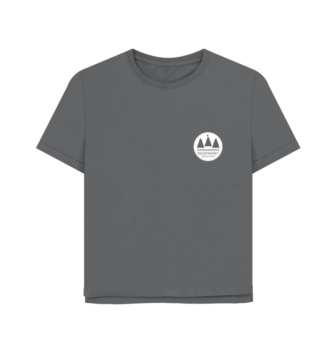 slate gray relaxed-fit tee—Readymoney Beach Shop chest logo, understated coastal everyday wear