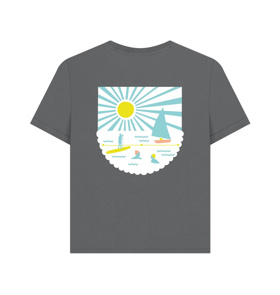women's relaxed-fit slate gray tee—colorful beach scene back print, coastal paddleboarding and swim vibe
