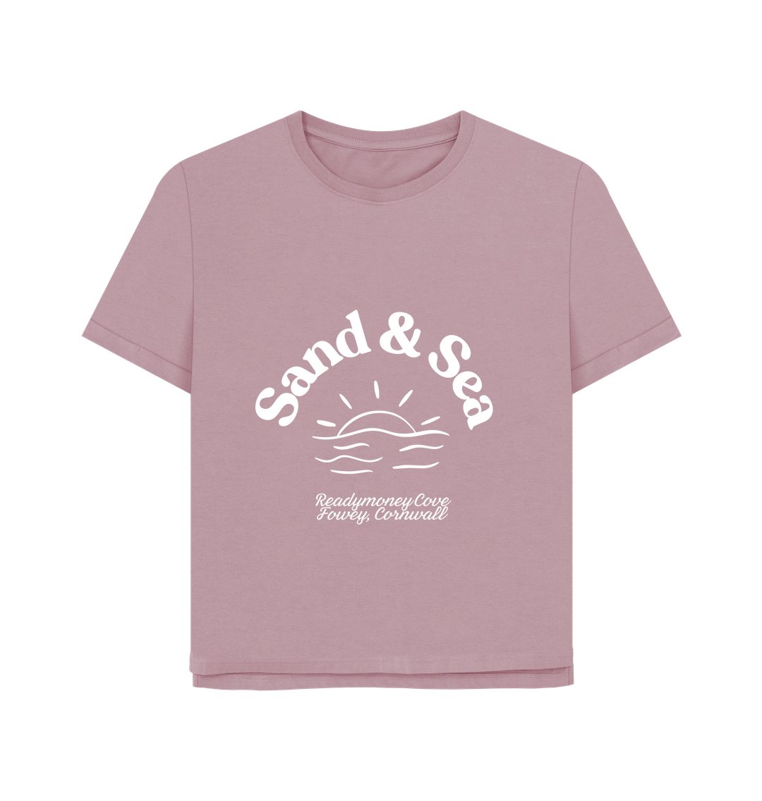 mauve relaxed-fit tee—Sand & Sea front graphic, Readymoney Cove Cornwall souvenir with coastal charm