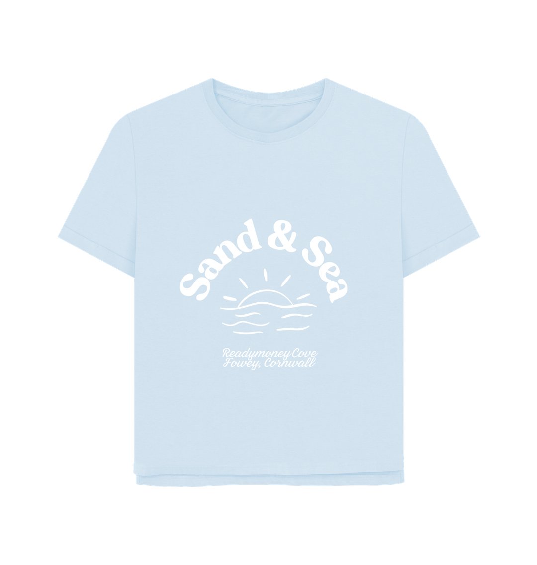 women's relaxed-fit sky blue tee—Sand & Sea front print, Readymoney Cove coastal souvenir style