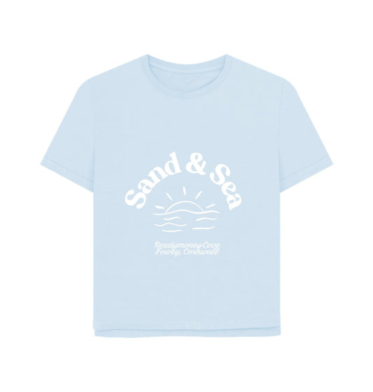 women's relaxed-fit sky blue tee—Sand & Sea front print, Readymoney Cove coastal souvenir style