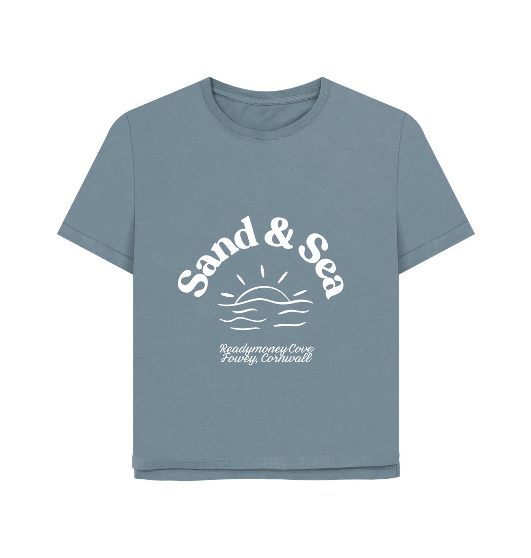 women's relaxed-fit stone blue tee—Sand & Sea front print, Readymoney Cove Cornwall coastal souvenir stylew