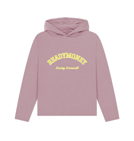 women's relaxed-fit hoodie with varsity arch text, mauve tone, Fowey Cornwall beach-inspired design