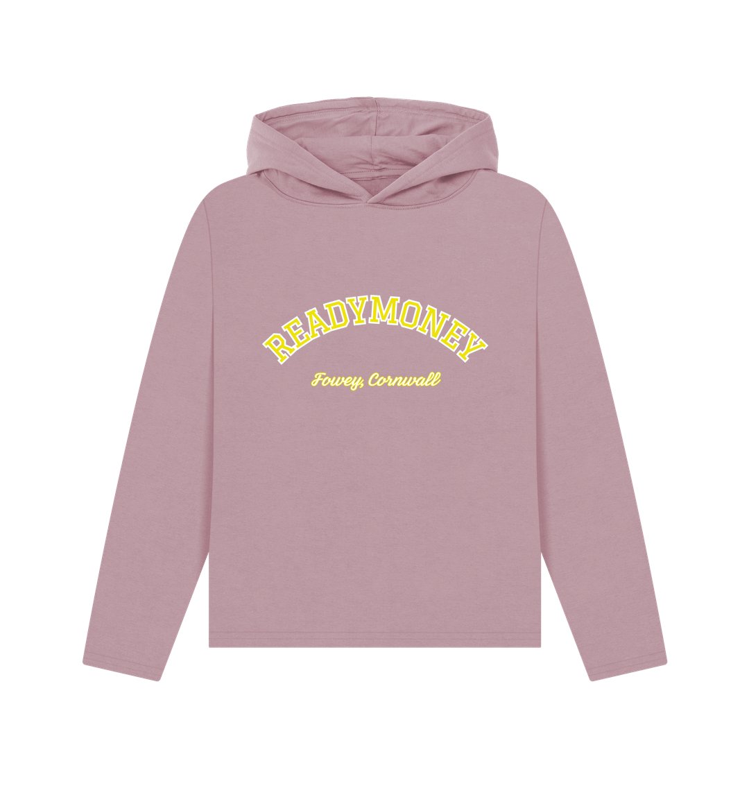 mauve women's varsity hoodie with relaxed fit and Readymoney Cove Fowey Cornwall arch text print