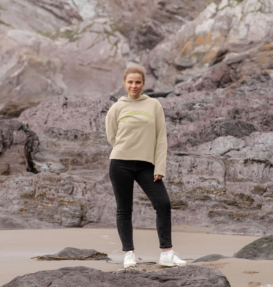 oat women's varsity hoodie in relaxed fit, featuring Readymoney Cove Fowey Cornwall coastal-inspired front print