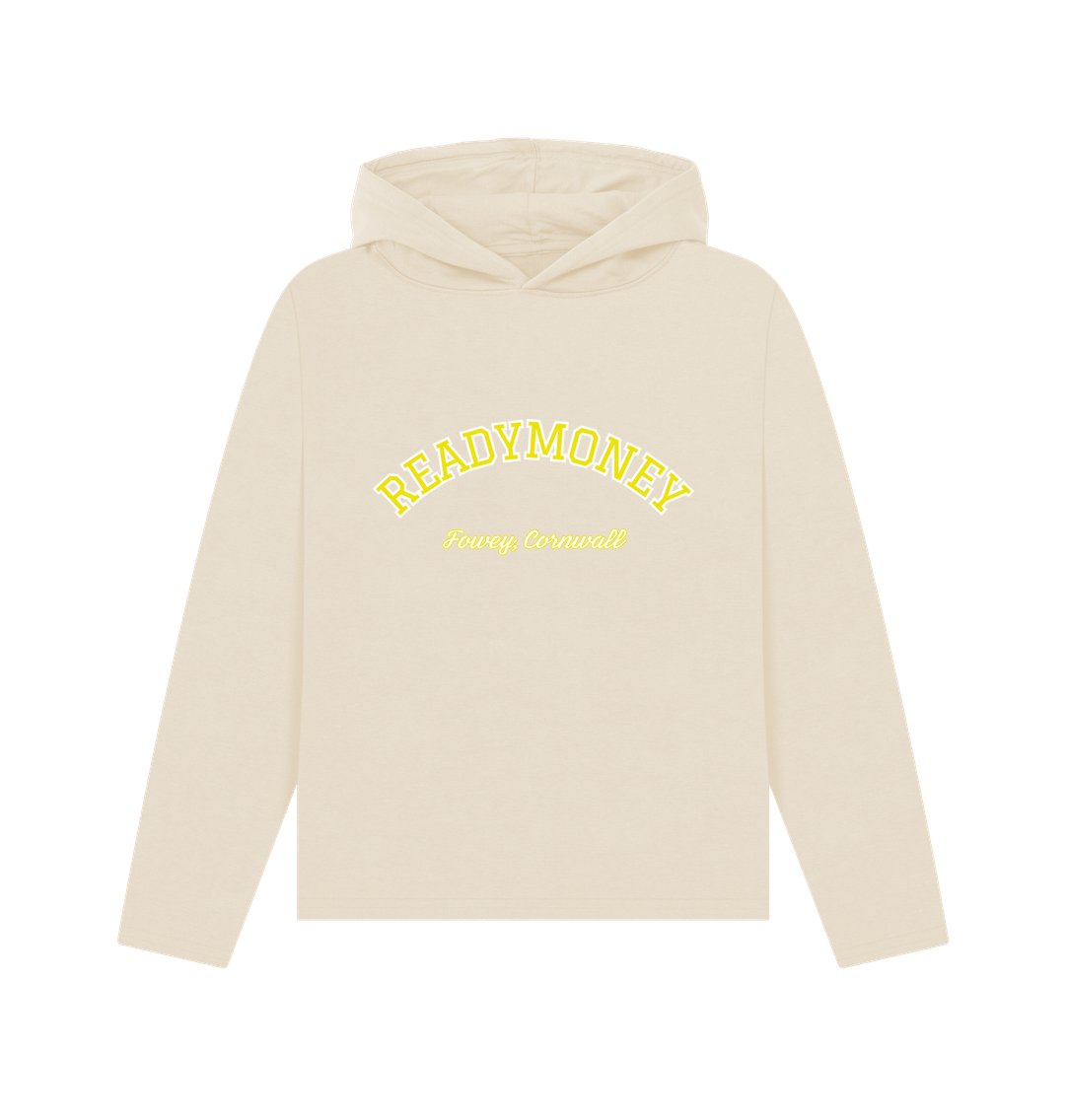 oat-toned women's relaxed-fit hoodie with varsity arch text, Readymoney Cove Fowey Cornwall beach print