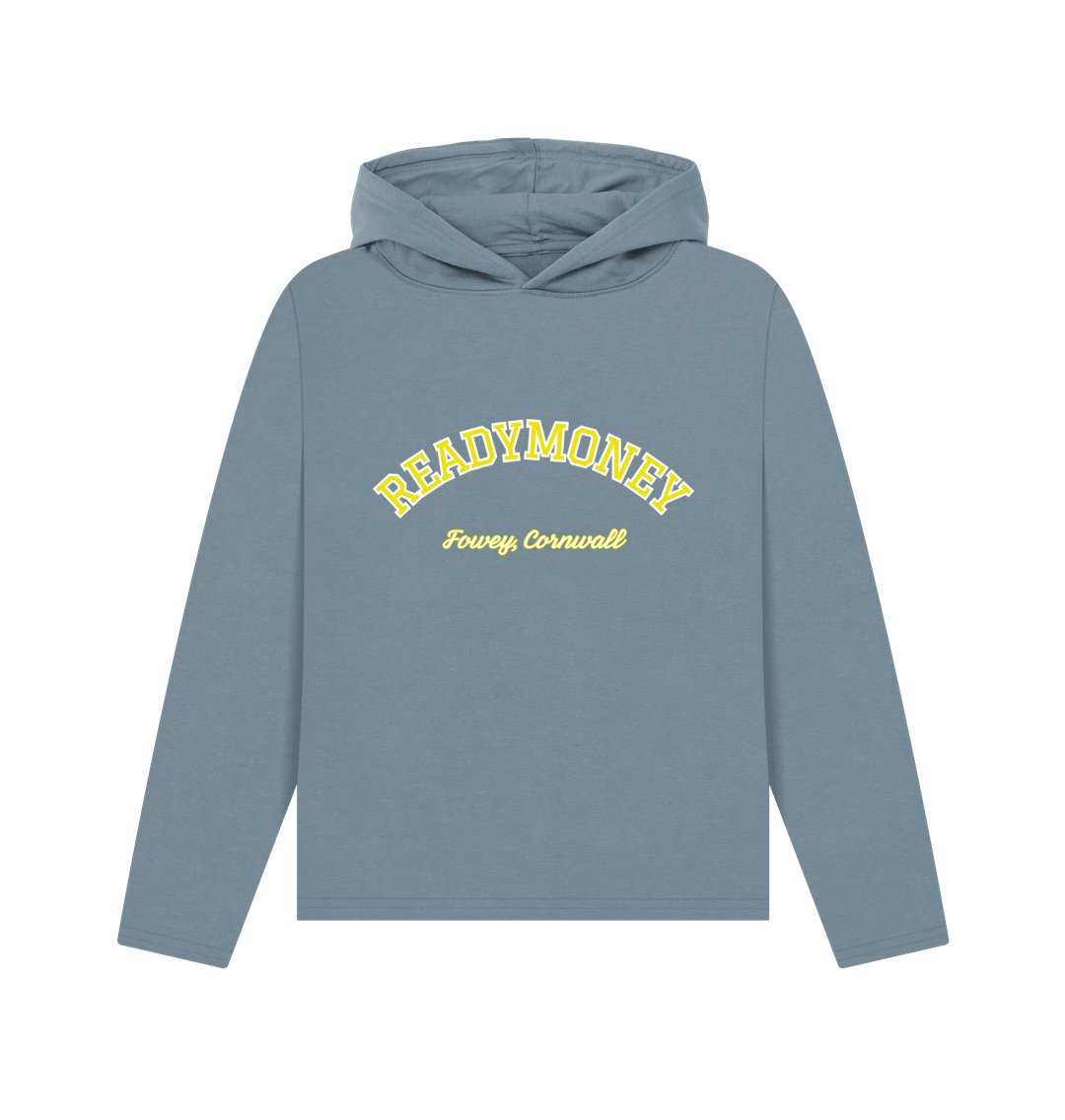 stone blue women's relaxed-fit hoodie with varsity arch text, Readymoney Cove Fowey Cornwall print