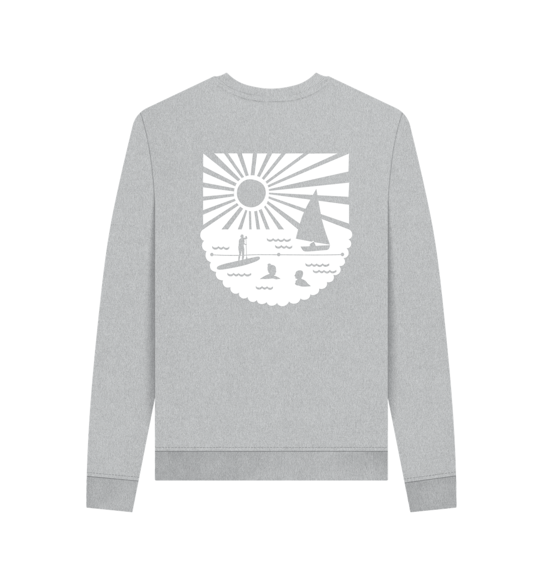 cool grey oversized women’s sweatshirt—white beach scene back print, soft cotton comfort for relaxed layering