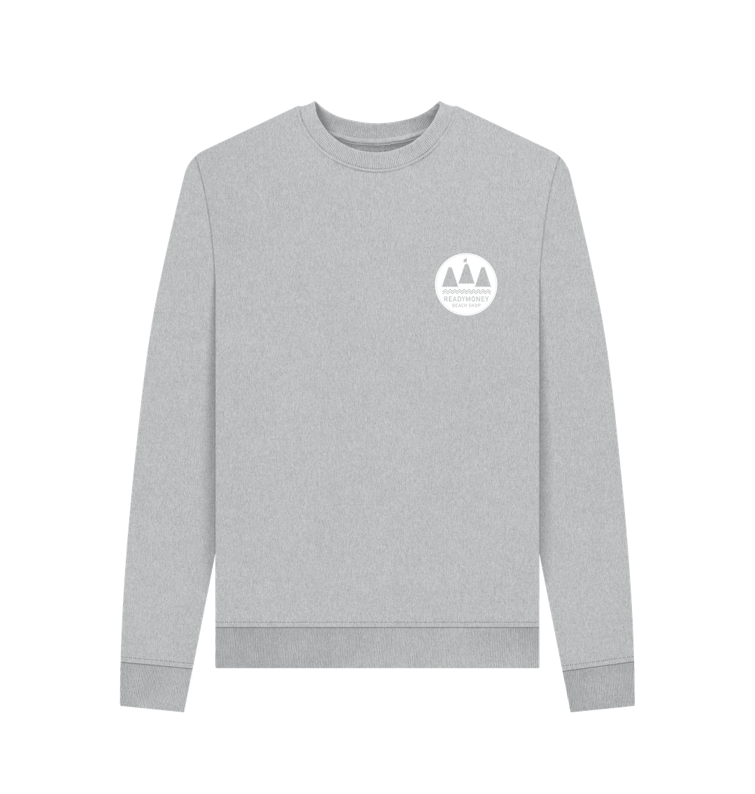 cool grey oversized women’s sweatshirt with minimalist white chest logo—soft cotton, coastal-inspired casualwear