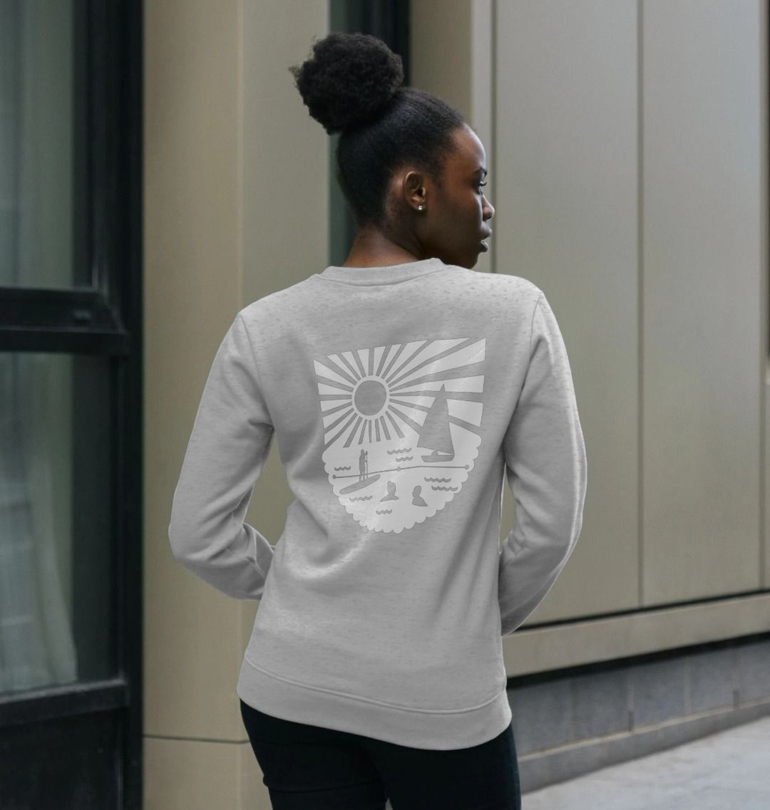 cool grey oversized women's sweatshirt with bold white coastal graphic—urban-meets-outdoors style in relaxed fit