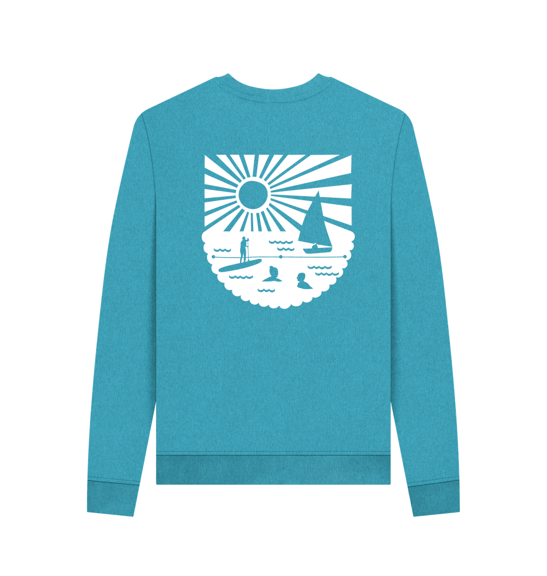 ocean blue oversized women’s sweatshirt—white coastal back print, soft cotton comfort for beachside layering