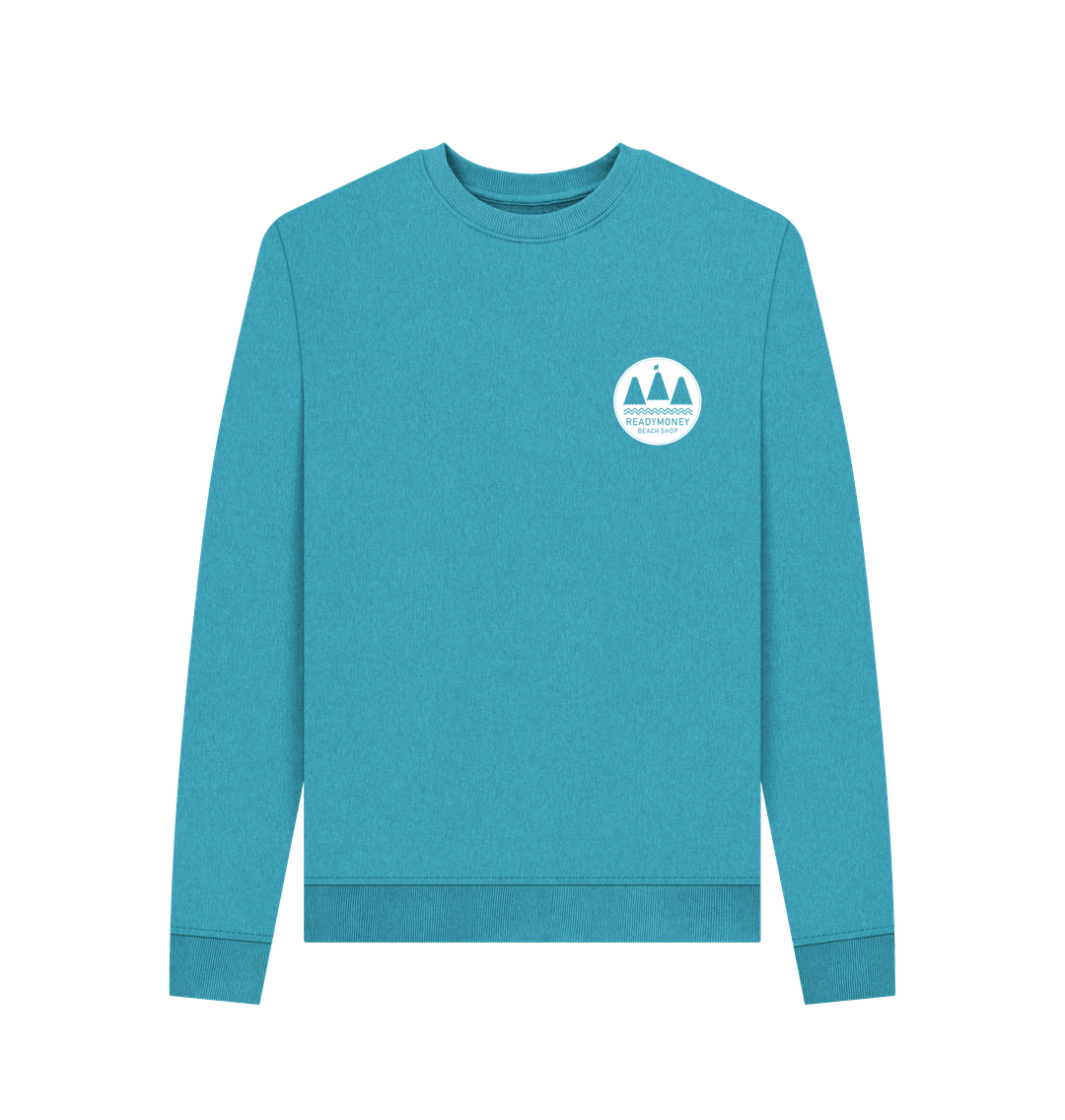 ocean blue oversized women’s sweatshirt with minimalist white chest logo—soft cotton, coastal-inspired casualwear