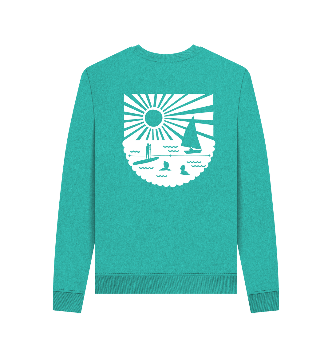 women’s oversized sweatshirt in seagrass green—white beach scene back print, relaxed cotton fit for everyday style