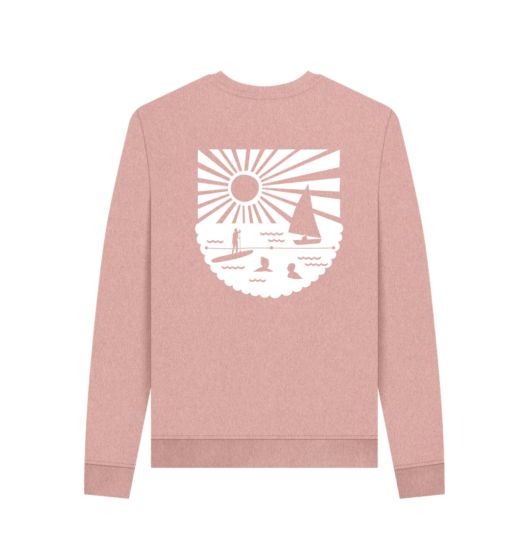 sunset pink oversized women’s sweatshirt—white ocean back print, soft cotton comfort for beachside style