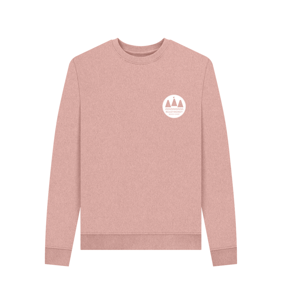 sunset pink oversized women’s sweatshirt with minimalist white chest logo—soft cotton, coastal-inspired casualwear
